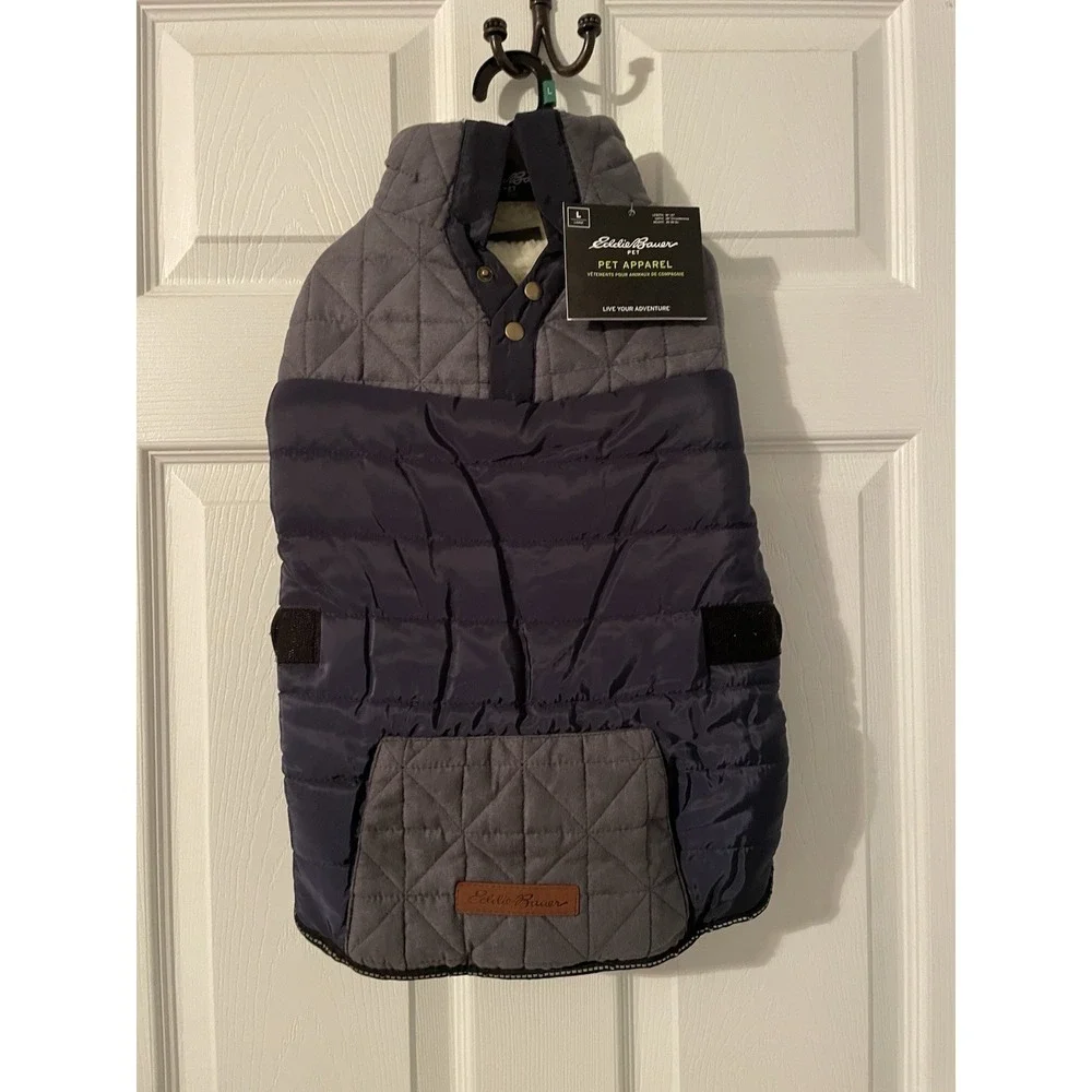 Eddie Bauer Pet Apparel Dog Fleece Lined Coat Jacket LARGE Blue/Gray NEW